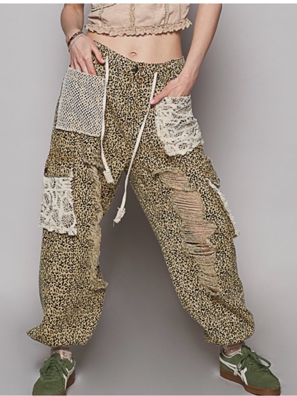 POL Leopard-Print Drawstring Joggers with Crochet Patchwork - Khaki